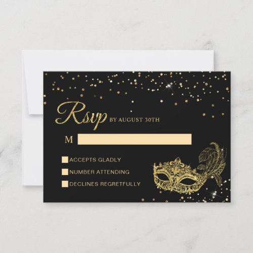 Elegant Black and Gold Glitter Masquerade RSVP Card