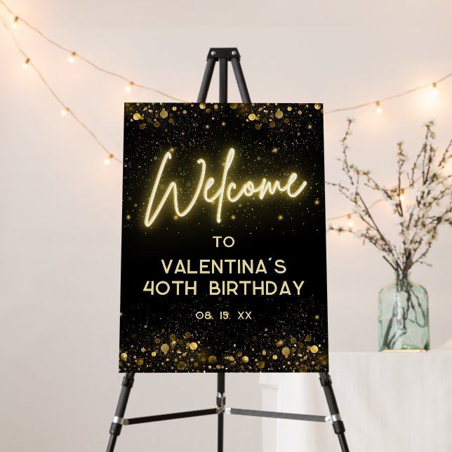 Elegant Black and Gold Glitter Neon Glow Welcome Foam Board (In Situ (Stand))