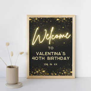 Elegant Black and Gold Glitter Neon Glow Welcome Poster
