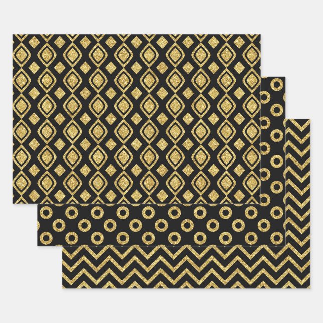 Elegant Black and Gold Glitter Patterns Wrapping Paper Sheets (Set)