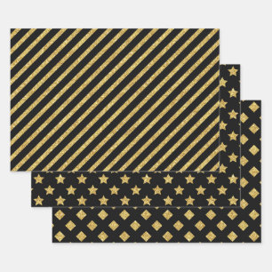Elegant Black and Gold Glitter Patterns Wrapping Paper Sheets