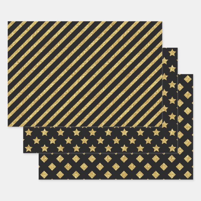 Elegant Black and Gold Glitter Patterns Wrapping Paper Sheets (Set)