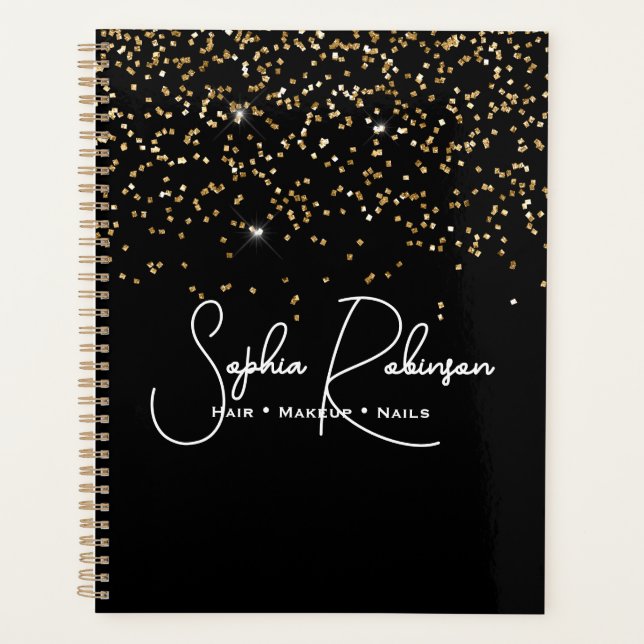 Elegant Black and Gold Glitter Salon Business Planner (Front)