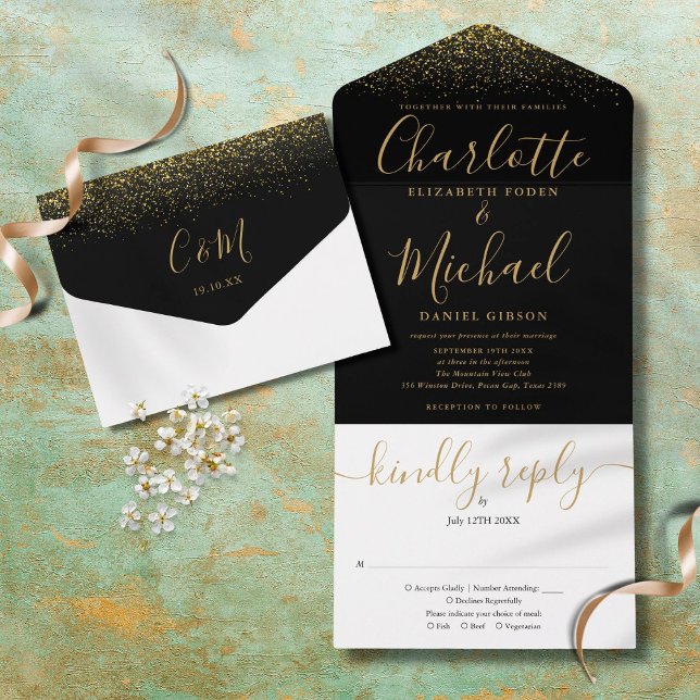 Elegant Black And Gold Glitter Script Wedding All In One Invitation (Creator Uploaded)