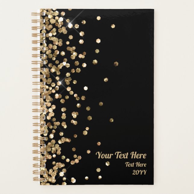 Elegant Black and Gold Glitter Small Custom Planner (Front)