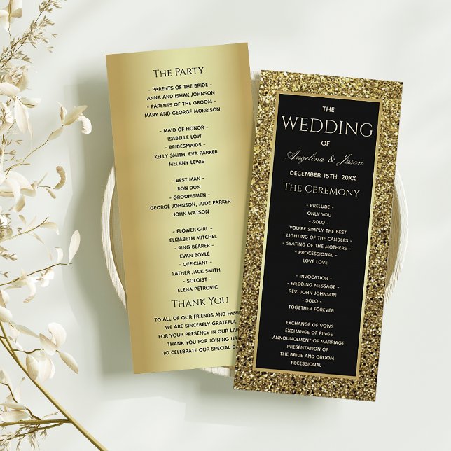 Elegant Black and Gold Glitter Wedding Ceremony Program (Creator Uploaded)