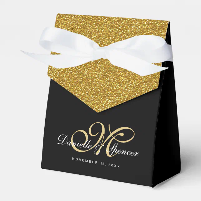 Elegant Black and Gold Glitter Wedding Thank You Favor Boxes | Zazzle