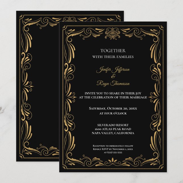 Elegant black and gold Gothic wedding Invitation (Front/Back)