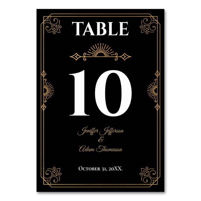 Elegant black and gold Gothic Wedding Table Number (Front)