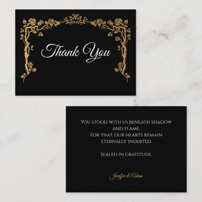 Elegant black and gold Gothic wedding Thank You Note Card (Front/Back)