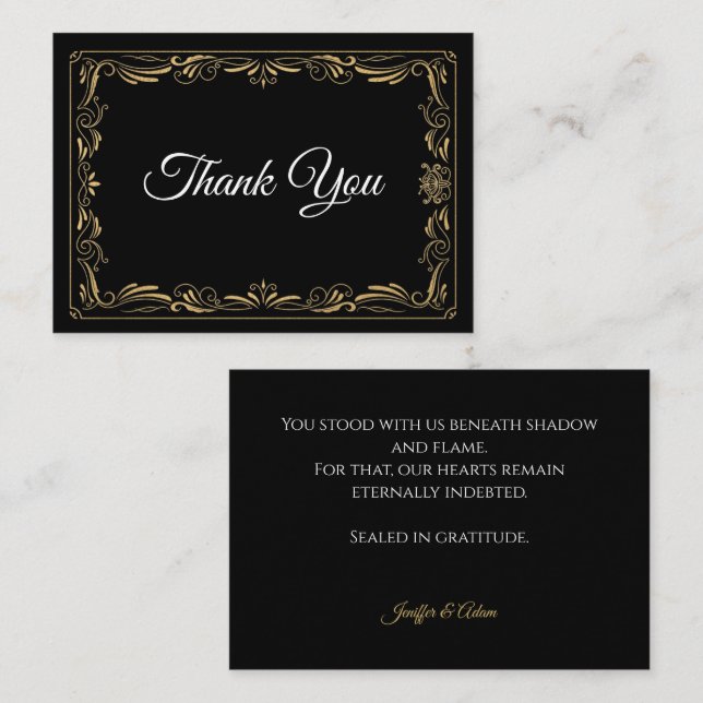 Elegant black and gold Gothic wedding Thank You Note Card (Front/Back)
