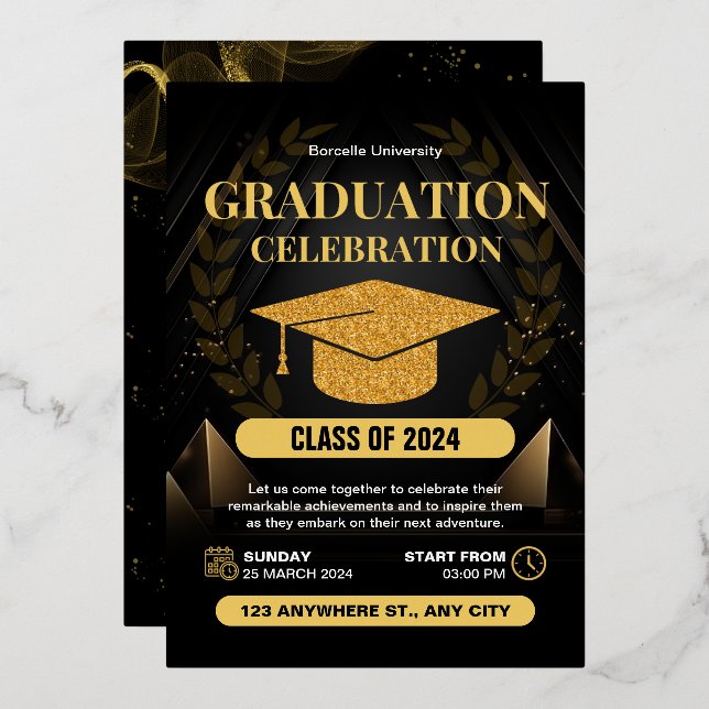Elegant Black and Gold Graduation Celebration  Foil Invitation (Front/Back)