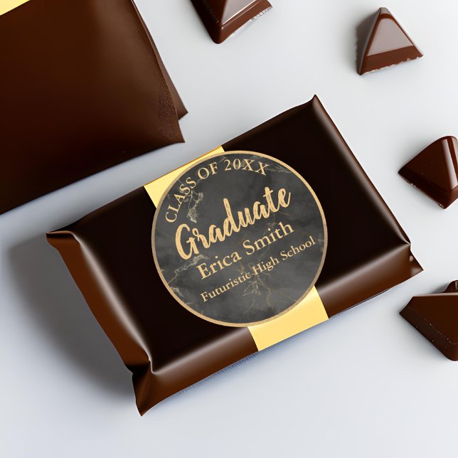 Elegant Black And Gold Graduation Favor  Classic Round Sticker (Black and Gold Graduation Favor Sticker on Chocolate Box)
