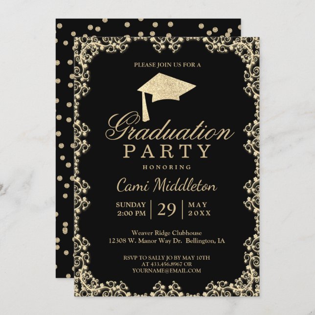 Elegant Black and Gold Graduation Invitation (Front/Back)