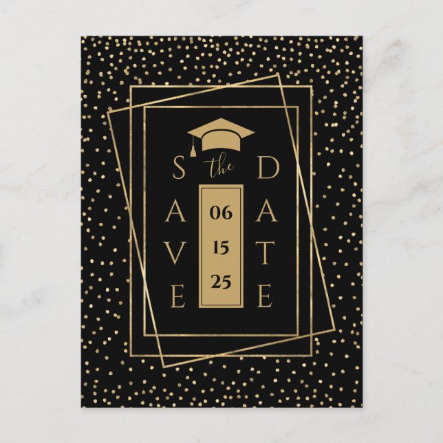 Elegant Black and Gold Graduation Party Announcement Postcard (Front)
