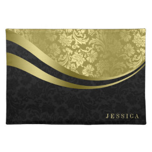 Elegant Black And Gold Gray Floral Damasks Cloth Placemat