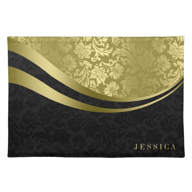 Elegant Black And Gold Gray Floral Damasks Cloth Placemat (Front)