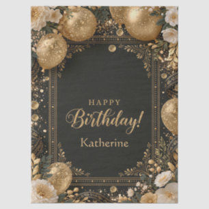 Elegant Black and Gold Happy Birthday with Name Tissue Paper