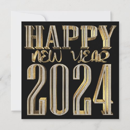 Elegant Black and Gold Happy New Year 2024 Holiday Card