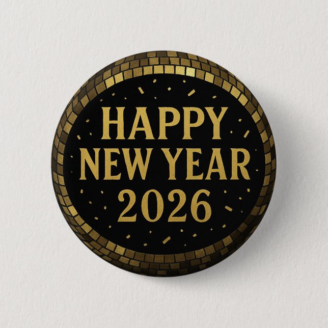 Elegant Black and gold happy New Year 2026 Button (Front)