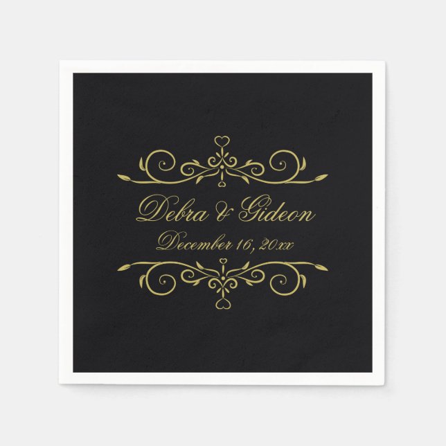 Elegant Black and Gold Heart Flourish Wedding Paper Napkins (Front)