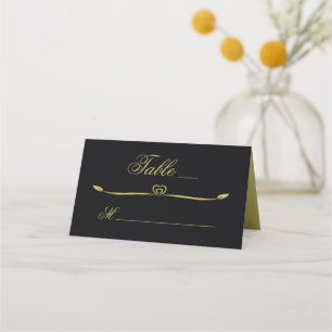 Elegant Black and Gold Heart Flourish Wedding Place Card