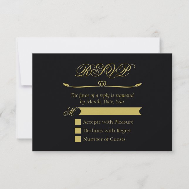 Elegant Black and Gold Heart Flourish Wedding RSVP Card (Front)