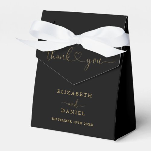 Elegant Black And Gold Heart Script Wedding Favor Boxes
