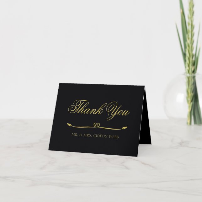 Elegant Black and Gold Heart Wedding Thank You Card (Front)