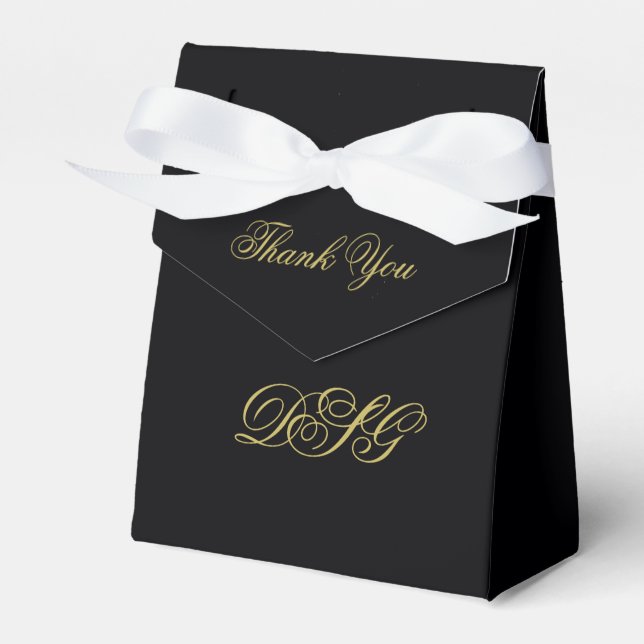 Elegant Black and Gold Heart Wedding Thank You Favor Boxes (Front Side)