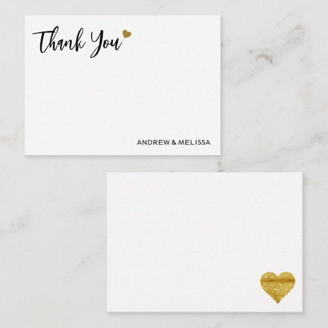 Elegant Black And Gold Heart Wedding Thank You Note Card (Front/Back)