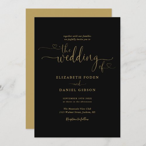Elegant Black And Gold Hearts Calligraphy Wedding Invitation - This elegant wedding invitation can be personalized with your celebration details set in chic gold typography on a black background. Designed by Thisisnotme©