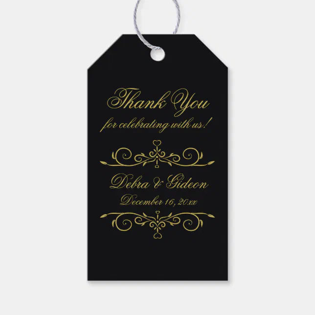Elegant Black and Gold Hearts Monogram Thank You Gift Tags | Zazzle