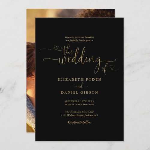 Elegant Black And Gold Hearts Script Photo Wedding Invitation - This elegant wedding invitation can be personalized with your celebration details set in chic gold typography on a black background and your special photo on the reverse. Designed by Thisisnotme©