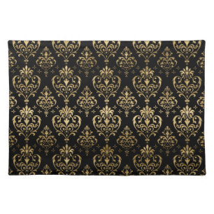 Elegant Black and Gold Hearts Valentine's Damask Cloth Placemat