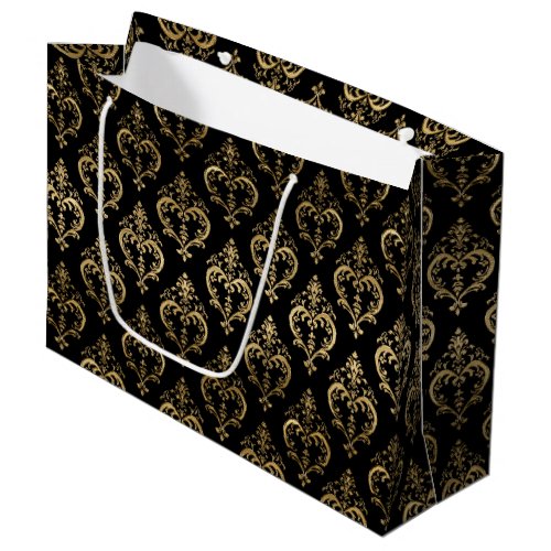 Elegant Black and Gold Hearts Valentines Damask Large Gift Bag