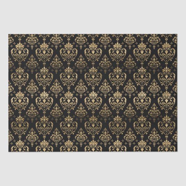 Elegant Black and Gold Hearts Valentine's Damask Tissue Paper (Front)