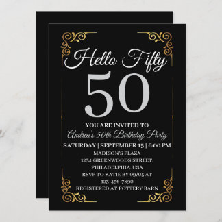 Elegant Black and Gold Hello 50th For Women Invitation