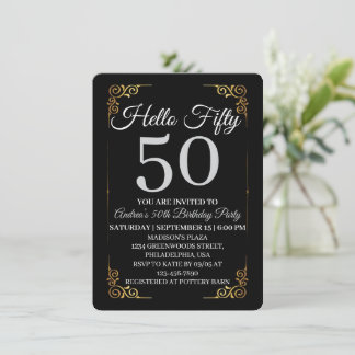 Elegant Black and Gold Hello 50th For Women Invitation