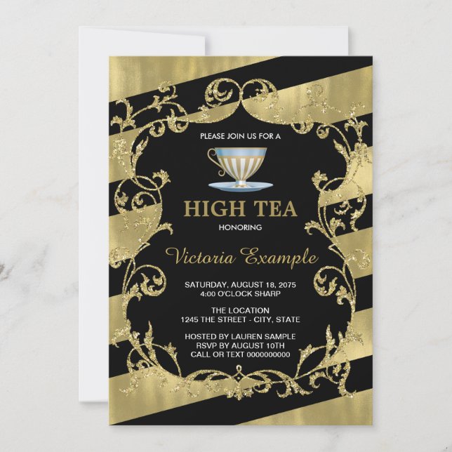 Elegant Black and Gold High Tea Invitation (Front)