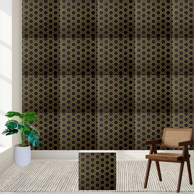 Elegant Black and Gold Honeycomb Hexagon Pattern  Ceramic Tile (Elegant Black and Gold Honeycomb Hexagon Pattern Ceramic Tile)