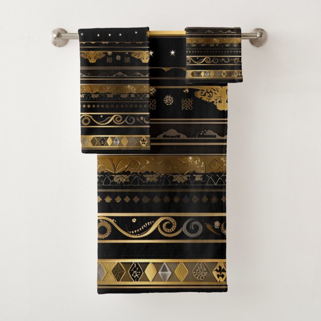 Elegant Black And Gold Horizontal Striped Bath Towel Set (Insitu)