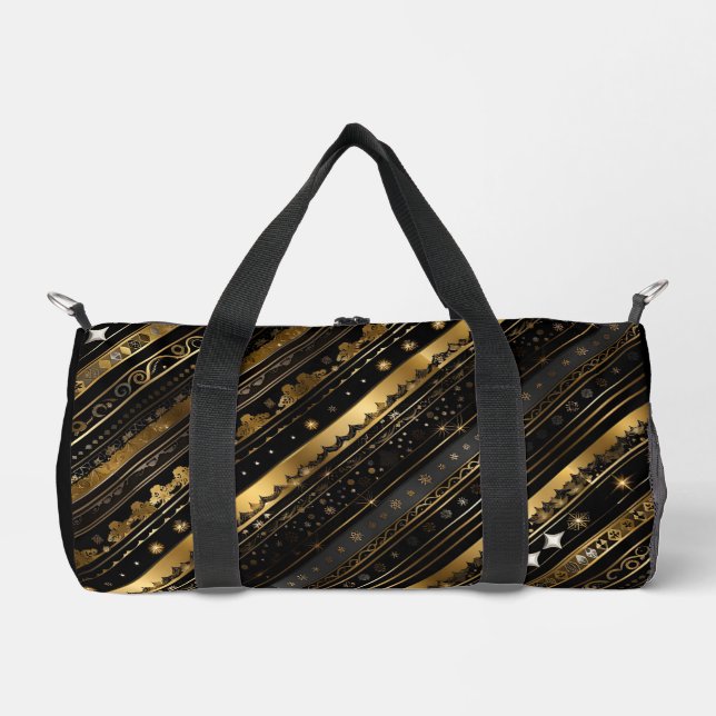 Elegant Black And Gold Horizontal Striped Duffle Bag (Front)