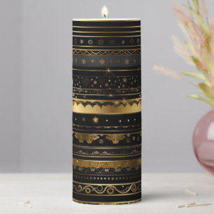 Elegant Black And Gold Horizontal Striped Pillar Candle