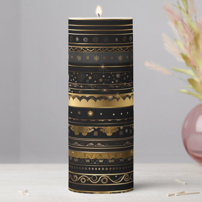 Elegant Black And Gold Horizontal Striped Pillar Candle (In Situ)