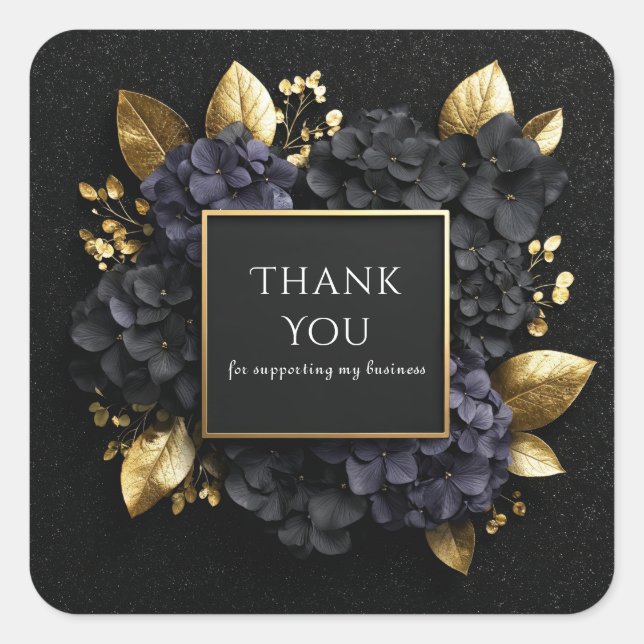 Elegant Black and Gold Hydrangea Luxury Floral Square Sticker (Front)