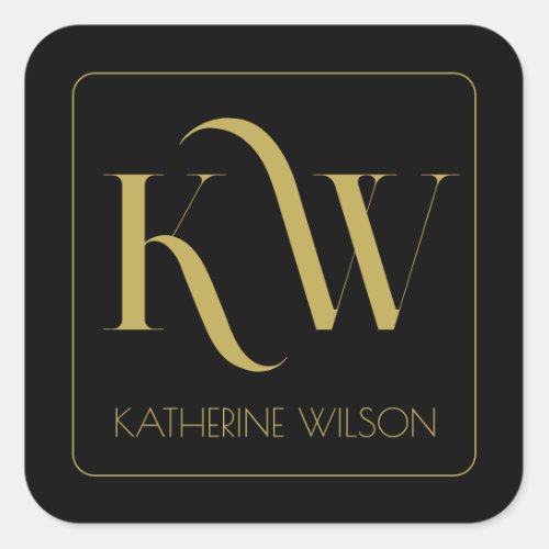 Elegant Black and Gold Initials and Name Square Sticker