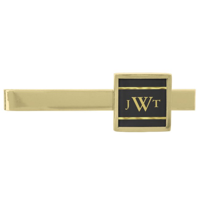 Elegant Black and Gold Initials Monogram Gold Finish Tie Bar (Front)