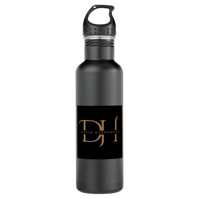 Elegant Black and Gold Initials Monogram Modern Stainless Steel Water Bottle (Front)