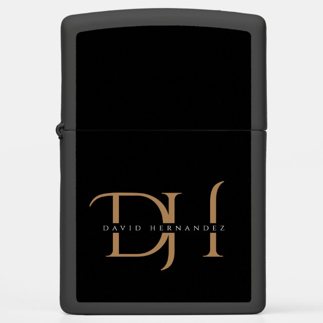 Elegant Black and Gold Initials Monogram Modern Zippo Lighter (Front)